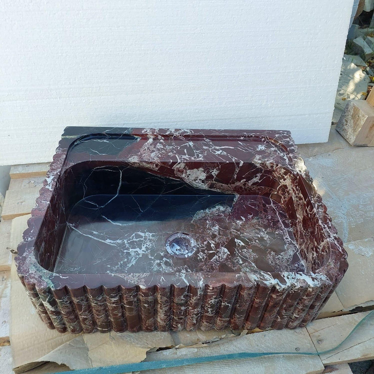 Handcrafted Rosso Levanto Marble Wall-Mounted Sink with Backsplash
