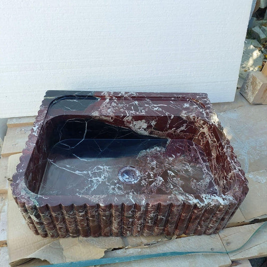 Handcrafted Rosso Levanto Marble Wall-Mounted Sink with Backsplash