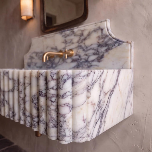 Luxury Handcrafted Calacatta Viola Marble Wall-Mounted Sink with Fluted Front & Integrated Backsplash