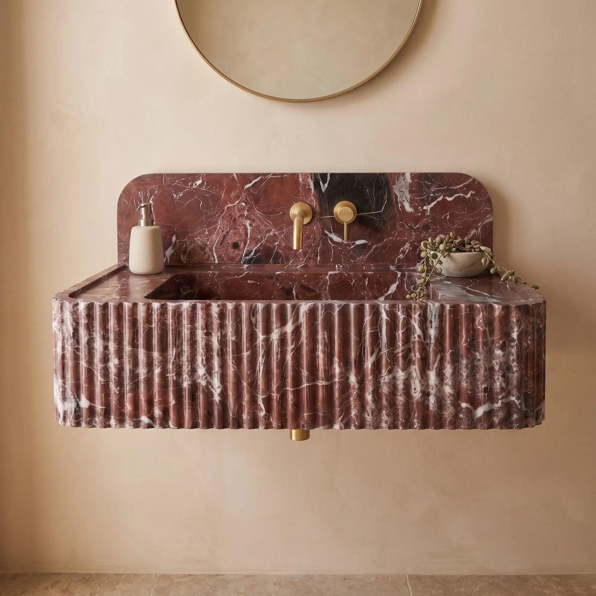 Handcrafted Rosso Levanto Marble Wall-Mounted Sink & Backsplash