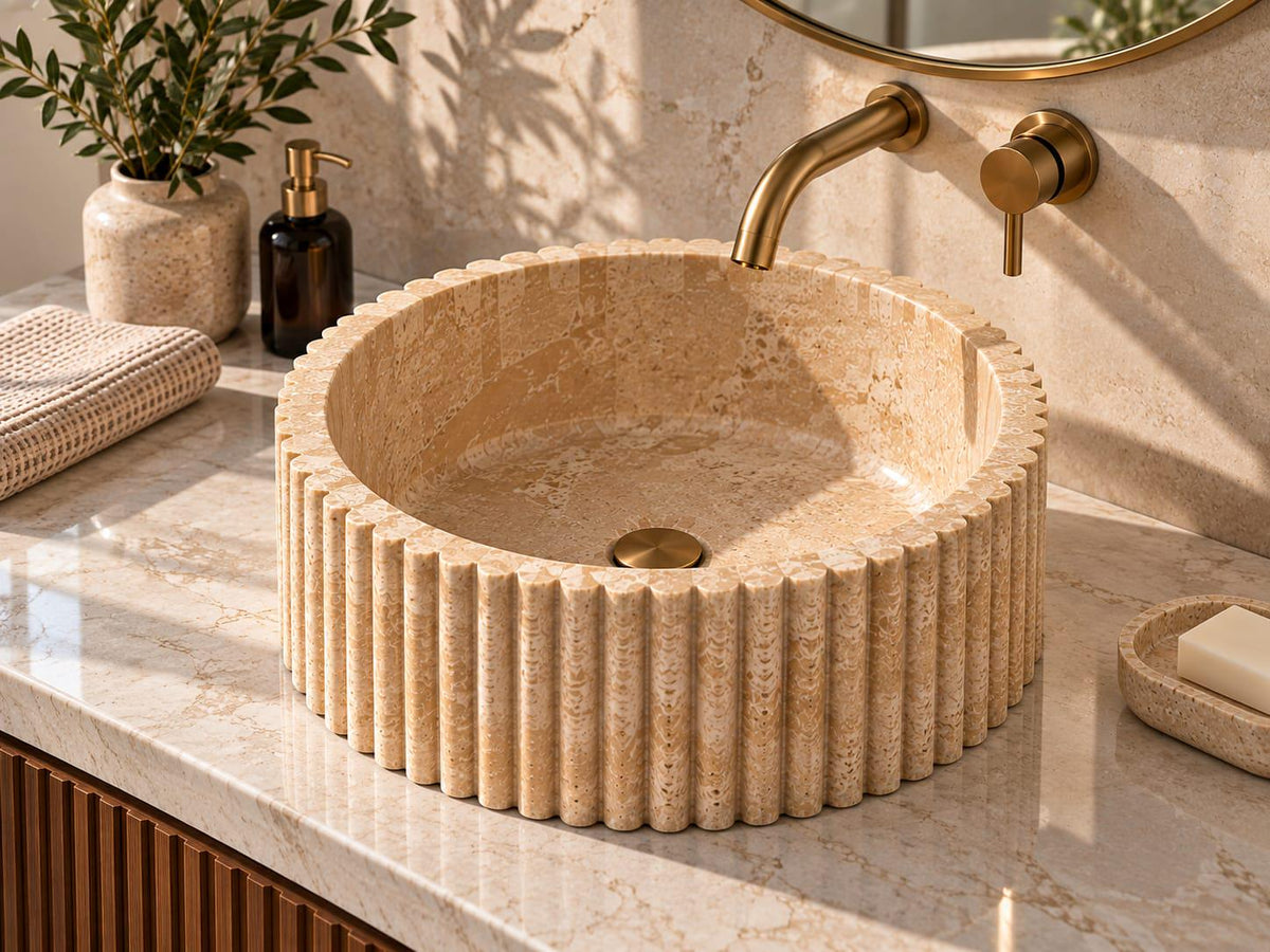 Beige Marble Fluted Round Sink