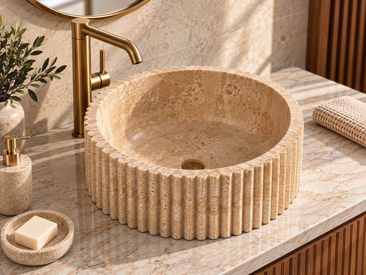 Beige Marble Fluted Round Sink