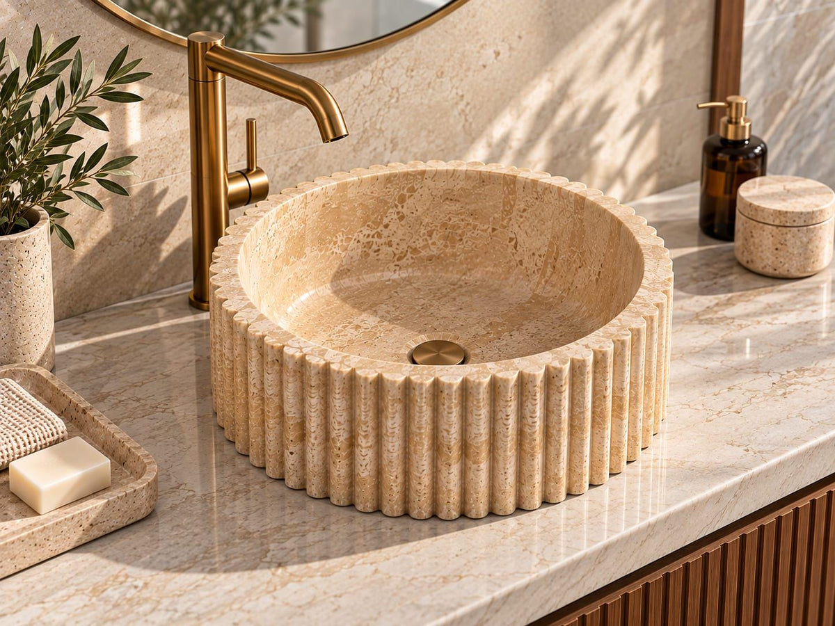 Beige Marble Fluted Round Sink