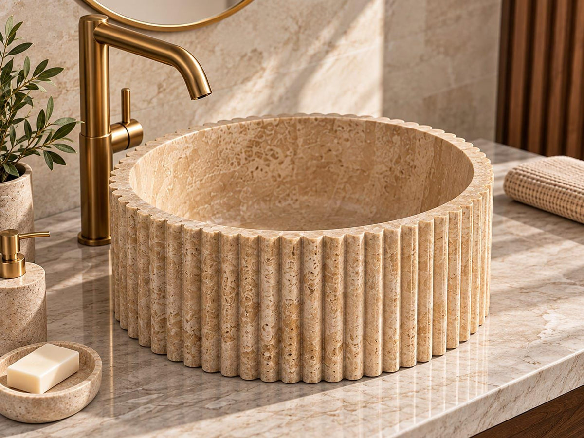 Beige Marble Fluted Round Sink